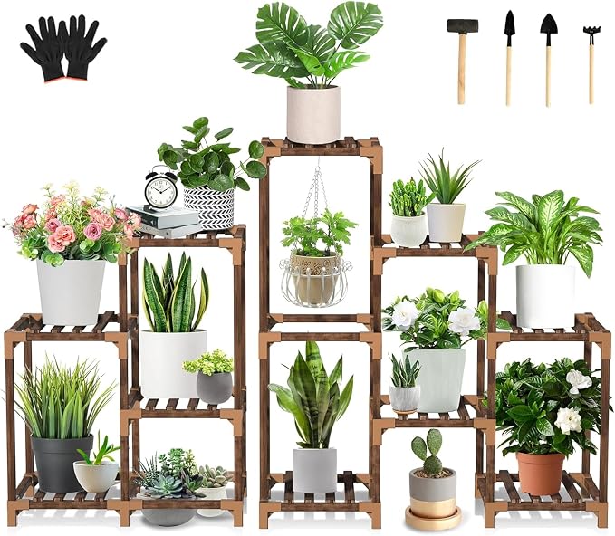 Wood Plant Stand Indoor Outdoor Corner Plant Shelf Stand, 5 Tiered 10 Potted by Uneedem