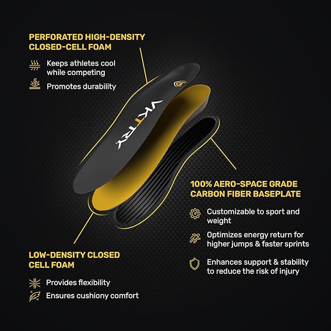VKTRY Gold for Cleated Shoes - Carbon Fiber Performance Insoles - Customized Athletic Inserts for Soccer & Track | Shock Absorption, Run Fast, Jump High, US: Men 13-13.5, Women 15-15.5, >220 lbs