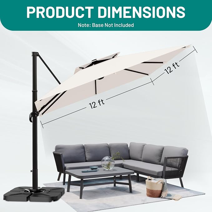 12×12 FT Double-Top Cantilever Patio Umbrella, Ivory | Square Offset Umbrella - Image 7