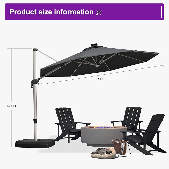 PURPLE LEAF Cantilever Patio Umbrella 11ft Round Solar LED Light, Stays bright - Image 8