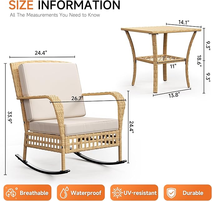 DECMICO Outdoor Rocking Chair Set, 3-Piece Wicker Patio Furniture | Elegant - Image 2