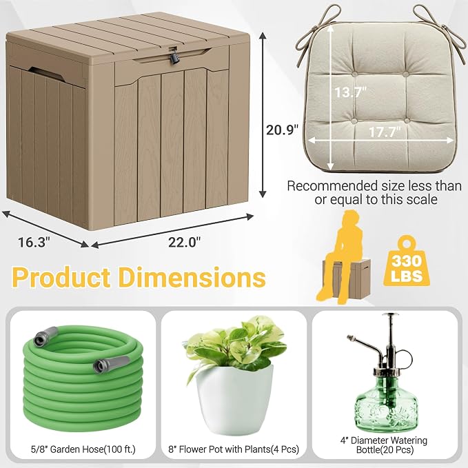 Greesum 33 Gallon Resin Deck Box Weatherproof Storage Box, Light Coffee | - Image 7