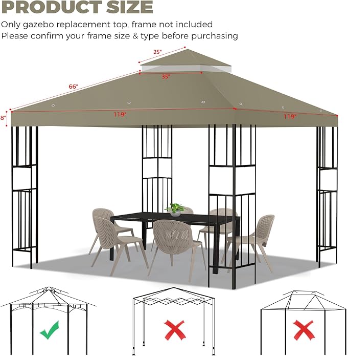 10x10 FT Gazebo Replacement Top, Canopy Replacement Cover Double Tiered - Image 2