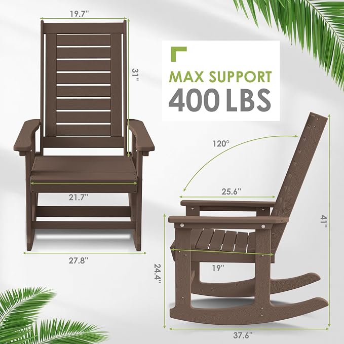 GREENVINES Outdoor Rocking Chairs Set of 2, HDPE Rocker, Dark Brown | Wood - Image 3