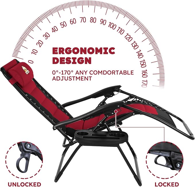 Colegence Oversized Padded Zero Gravity Chair, 400 lb, Burgundy | 600D Oxford - Image 4