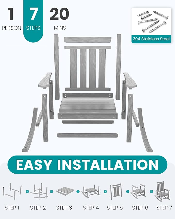 SERWALL Outdoor Rocking Chair Set of 4, Sliver Gray | 21.1" Widened Seat adds - Image 7