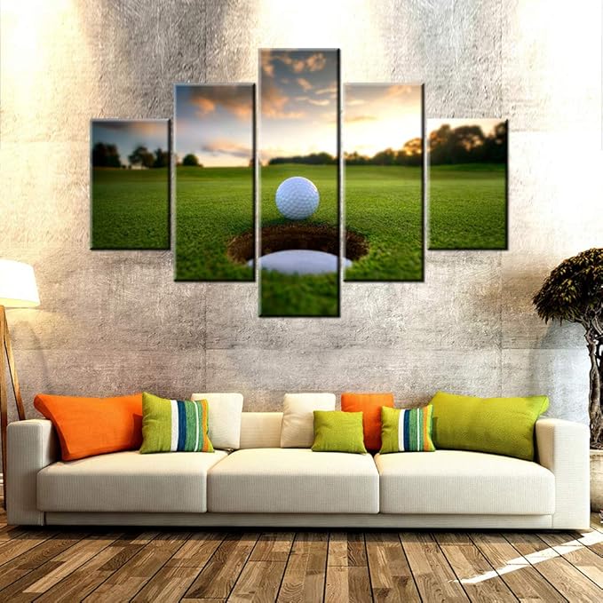 Golf Cours Paintings Golf Ball at Sunset Pictures Green Field Wall Art for Living Room 5 Piece Printed on Canvas Contemporaray Artwork House Decor Famed Gallery-Wrapped Ready to Hang(60''W x 40''H)