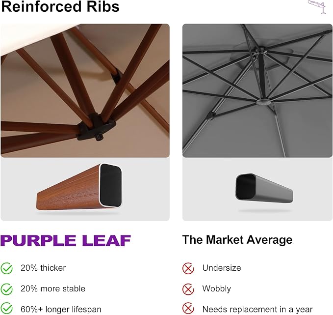 PURPLE LEAF Cantilever Umbrella 11ft Wood-Grain Finish, Heather Taupe | Block - Image 8