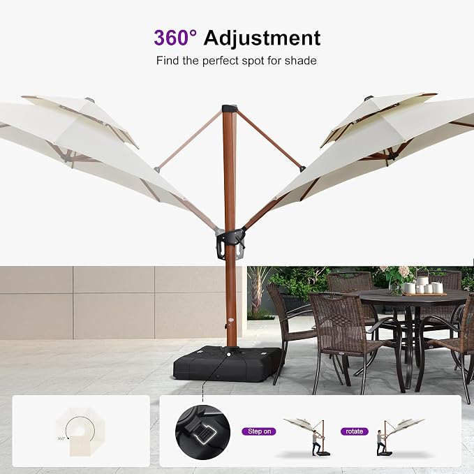PURPLE LEAF Patio Cantilever Umbrella 10ft Wood-Grain Finish, Cream | Foot - Image 8