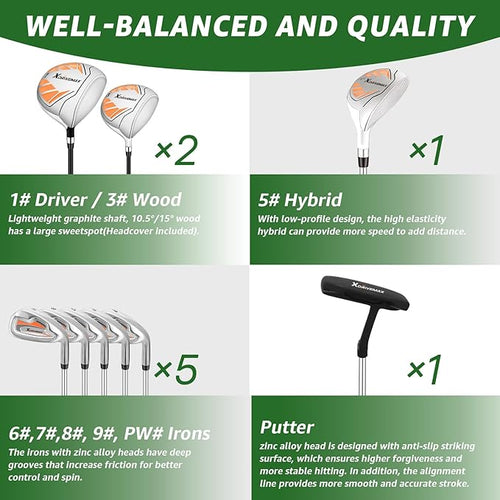 10 Pieces Golf Clubs Full Set Mens Right Hand,Golf Set Includes Stand Bag with Rain Hood, 1#Driver 3#Wood #5 Hybrid,with 3 Head Covers, 6# 7# 8# 9# PW# Irons and Putter