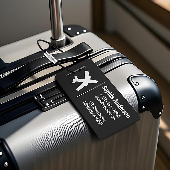 10 Personalized Metal Luggage Tags, Custom Suitcase Aluminum Name Tags with Steel Ring, Laser Engraved Name and Logo, for Travel, Backpack, Baggage, Golf Bag (Black)