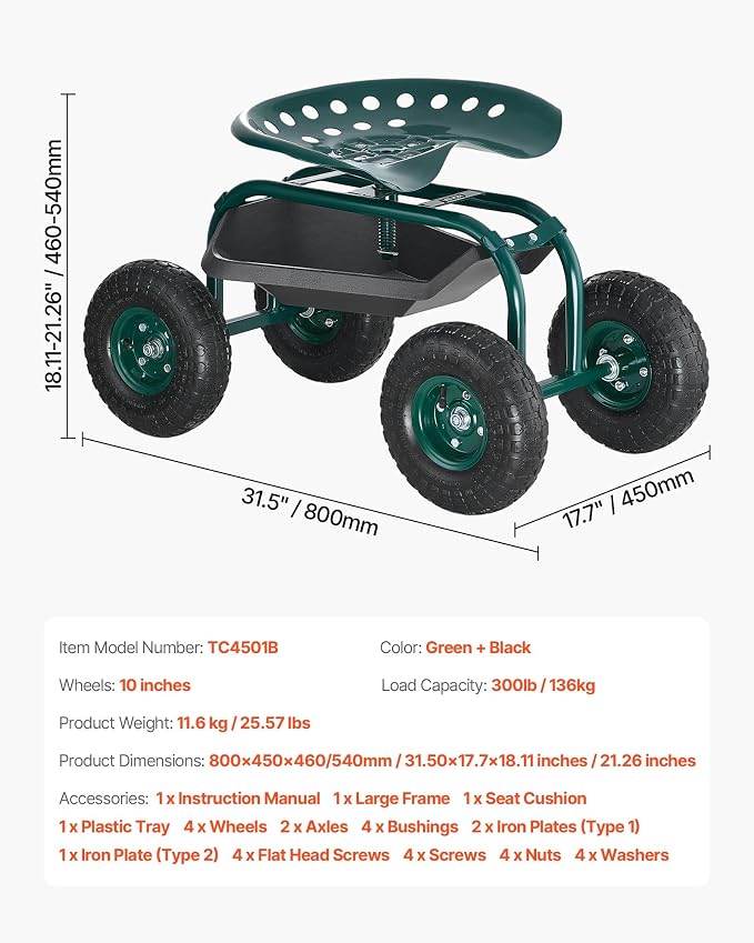 VEVOR Rolling Garden Cart with Swivel Seat, Heavy Duty Garden Seat with Storage - Image 7