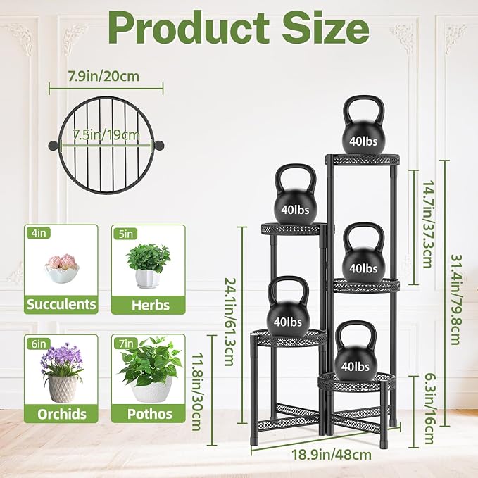 iDavosic.ly Plant Stand Indoor Outdoor, 5 Tier Iron Corner Shelf, Folding Multi - Image 3