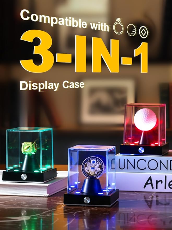 JupDec Cordless LED Championship Ring Display Case, Clear Acrylic Single Ring Holder with 10 Color Light up, Autograph Ring Showcase with Memory Function, Ideal Gift for Sports Fans