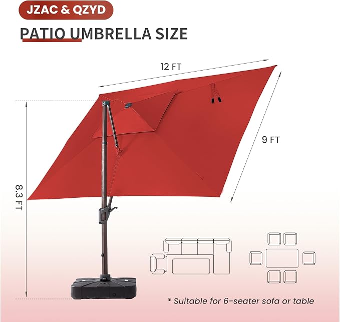 JZAC & QZYD 9x12 FT Cantilever Offset Patio Umbrella - Image 4