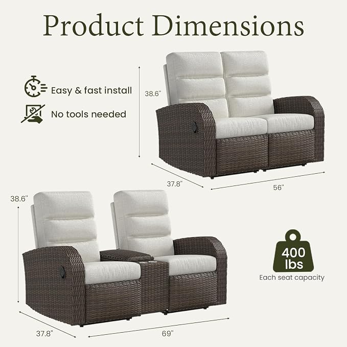 Oversized 2 Pieces Wicker Outdoor Recliner Loveseat - Image 2