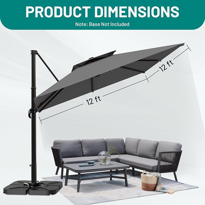 12×12 FT Double-Top Cantilever Patio Umbrella, Outdoor Umbrellas - Image 7