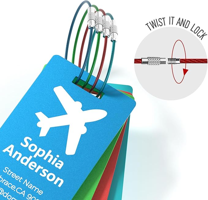 4 Personalized Metal Luggage Tags for Suitcase, Laser Engraved with Text and Logo, Custom Aluminum Name Tags with Stainless Steel Ring, for Travel, Golf Bag, and Baggage (Golden)