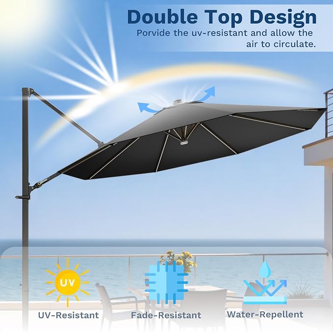 Devoko 10ft Solar LED Patio Umbrella, Round Cantilever Outdoor Umbrella - Image 8