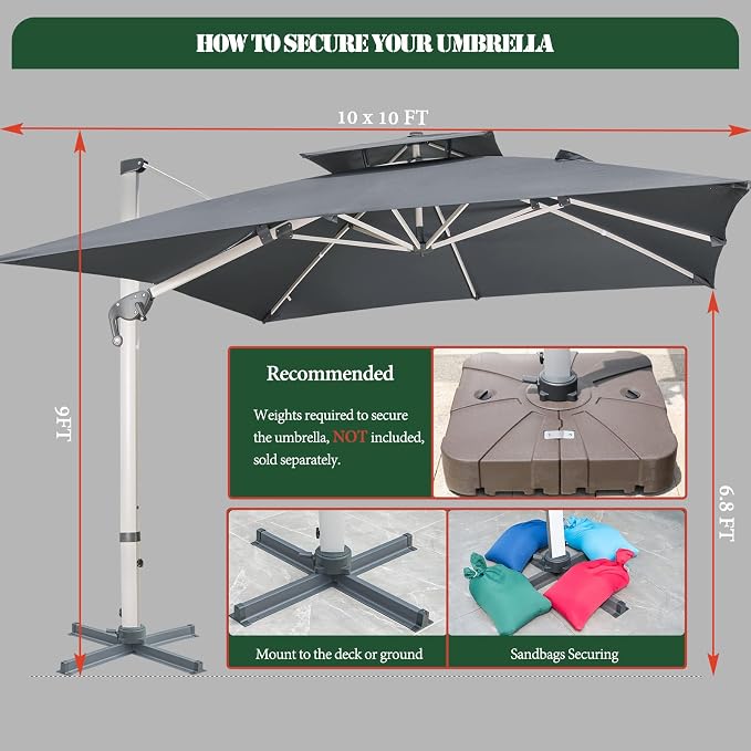10x10 FT Square Cantilever Patio Umbrella - Image 6
