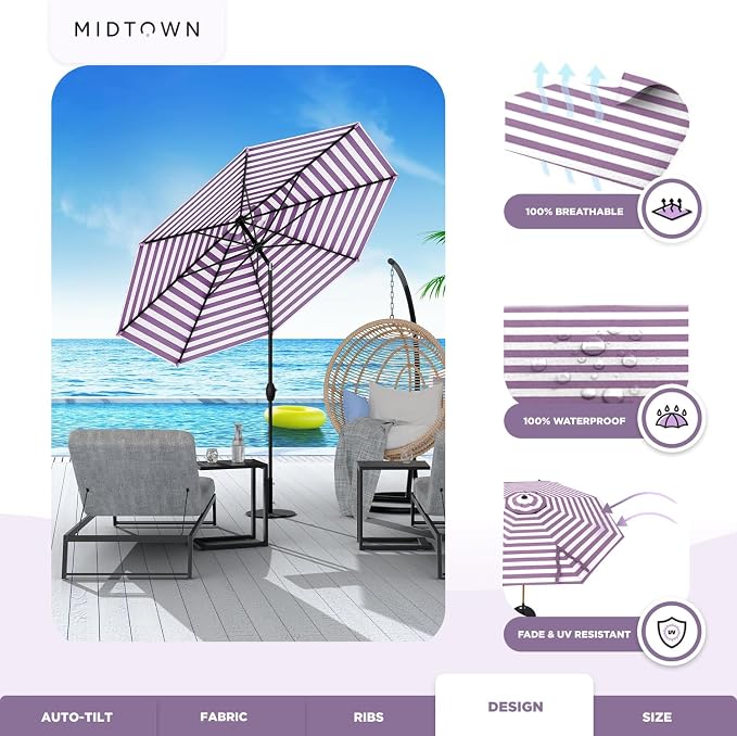 Midtown Umbrellas 10-Year-No-Fade - 8 Ft - UV Proof Purple/White Stripes Fabric - Image 5