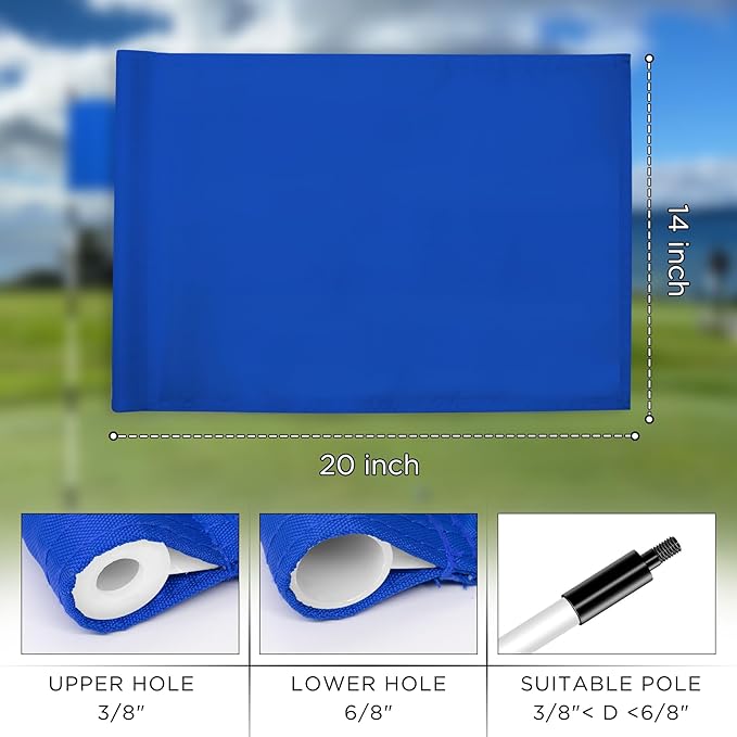 KINGTOP Golf Flag 20x14 Inch - Plain Blue, 420D Nylon, Tube Inserted - Standard Putting Green Flags for Driving Range, Backyard Practice, Golf Courses, Country Club, 3-Pack