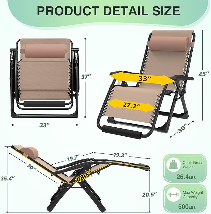 Suteck Oversized Zero Gravity Chair, 500LBS 33" XXL Reclining Lounge Chairs | - Image 2
