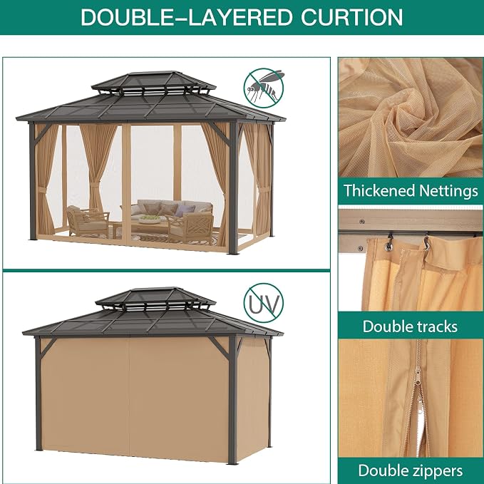 GAOMON 10'x12' Hardtop Gazebo, Outdoor Polycarbonate Double Roof Canopy - Image 5