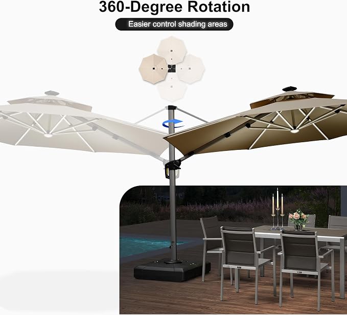 PURPLE LEAF Cantilever Umbrella 12ft Solar LED Light Double Top, Support to - Image 7