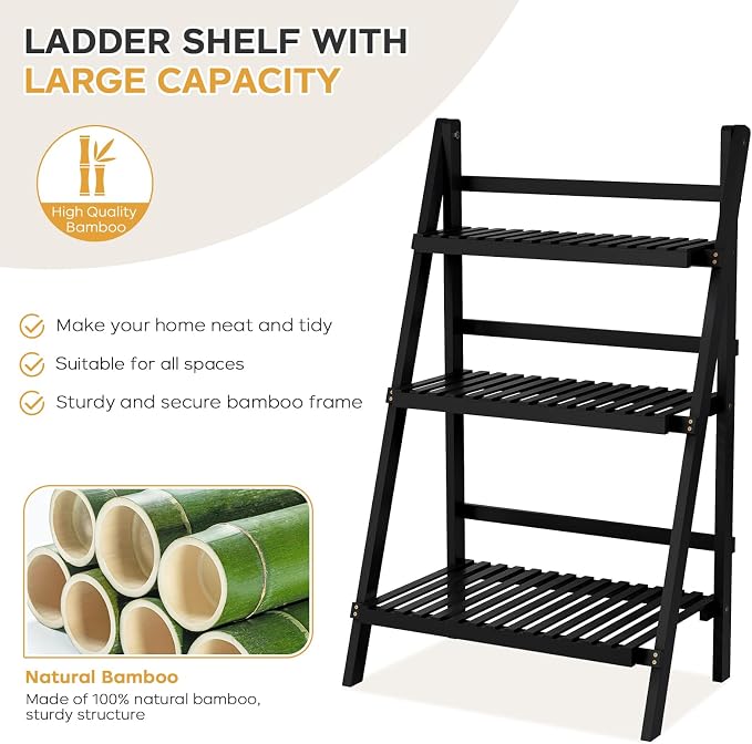 oakvivo 39.4" Foldable Plant Shelf Ladder Shelf, 3 Tier Bamboo Ladder Flower - Image 5
