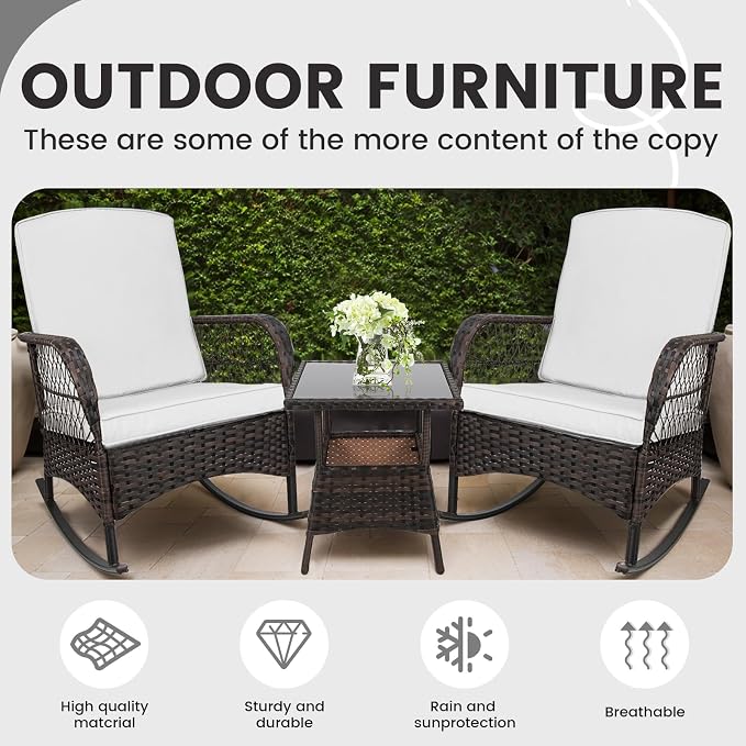 3pcs Modern PE Wicker Outdoor Rocking Chairs & Glass Table Set - Image 6