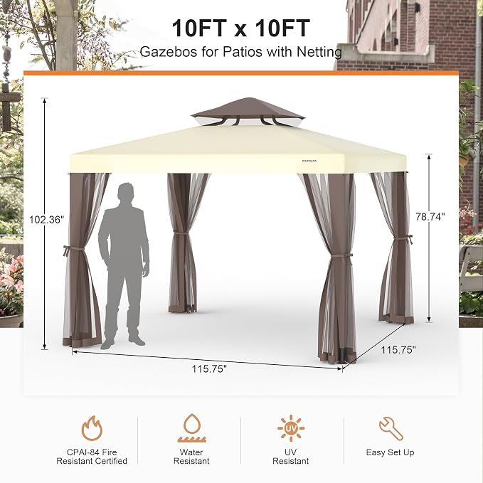 10’x10’ Patio Gazebo Canopy Tent w/Removable Netting, Ventilated Double-tier Top - Image 6