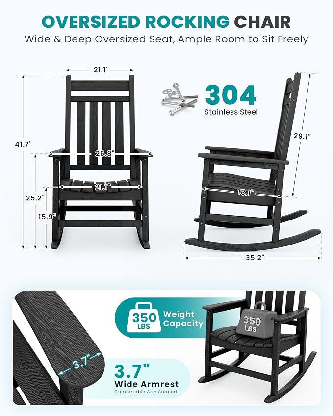 SERWALL Outdoor Rocking Chair Set of 2, Oversized Porch Rocker, Contoured 19.6" - Image 2