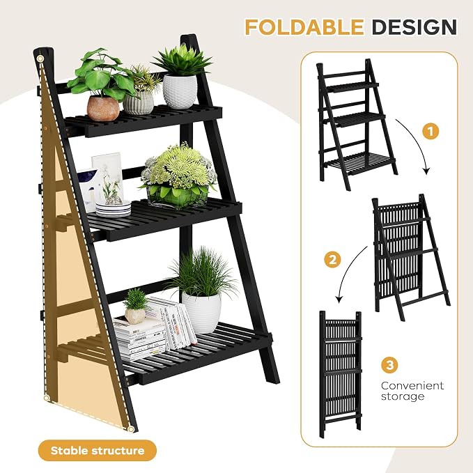 oakvivo 39.4" Foldable Plant Shelf Ladder Shelf, 3 Tier Bamboo Ladder Flower - Image 4