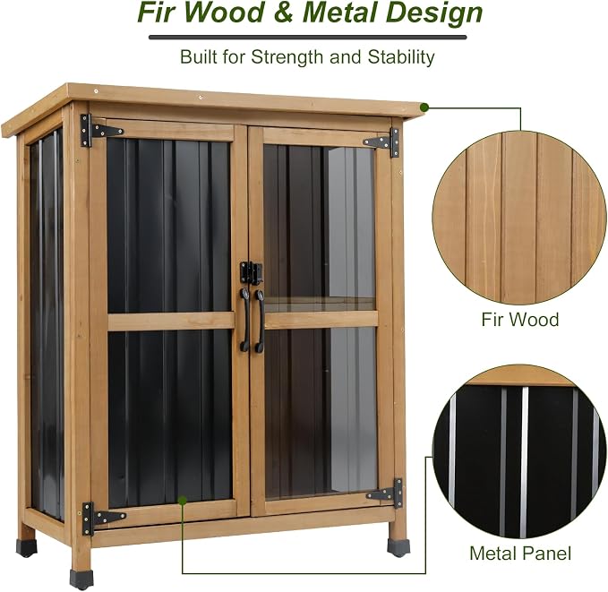 Ketive Small Outdoor Storage Cabinet Wood & Metal, Small Garden Tool Storage - Image 4