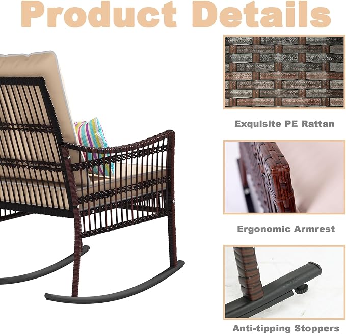 DECMICO 3-Piece Patio Furniture Set, Wicker Rocking Chairs - Image 5