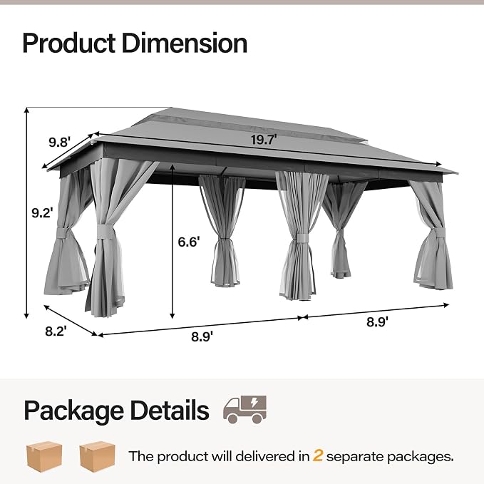 10'x20' Outdoor Gazebo with 100FT String Lights, Metal Heavy Duty Patio Canopy - Image 2