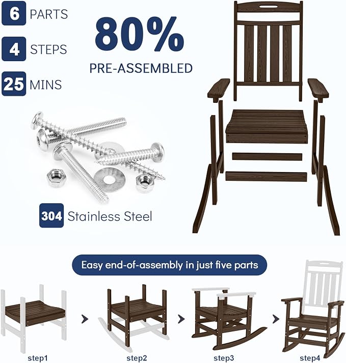 Oversized HDPE Outdoor Rocking Chair Set of 2, All-Weather, Coffee | Heavy Duty - Image 9
