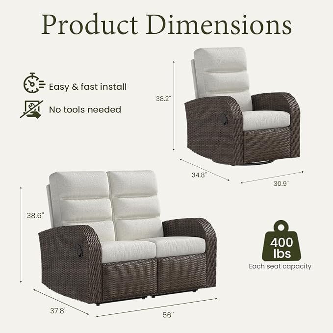 Oversized 3 Pieces Wicker Outdoor Recliner Loveseat - Image 2
