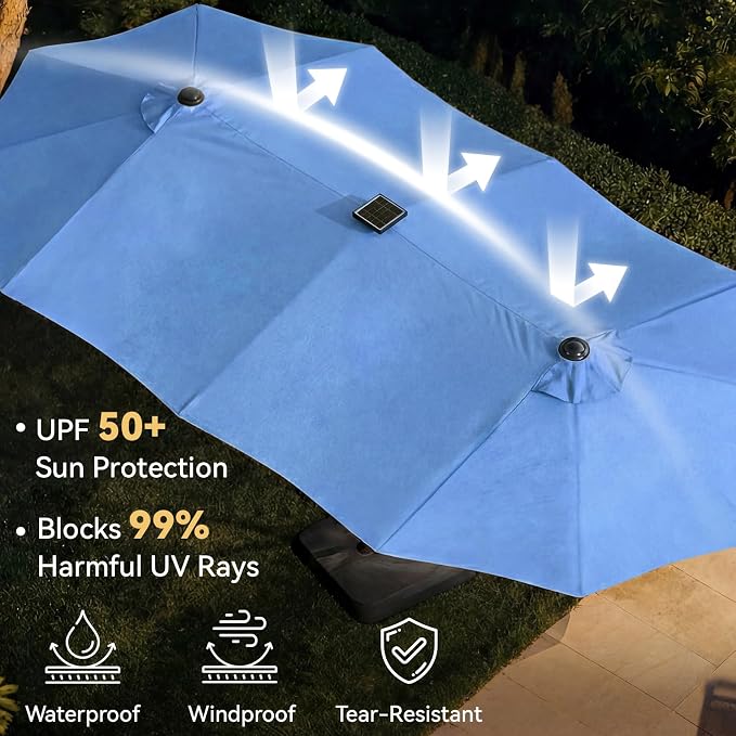 Aoxun 15ft Patio Umbrella with Base & Solar LED Lights, Outdoor Double-Sided - Image 4