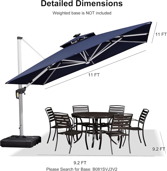 PURPLE LEAF Patio Umbrella 11'X11' Double Top Solar LED Light, Support to - Image 9