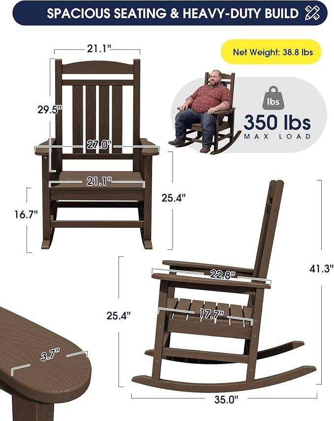 Oversized Outdoor Rocking Chair Set of 6, HDPE Porch Rocker, Coffee | - Image 2