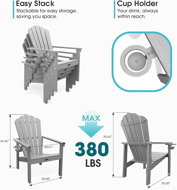 THOEOE Stackable Adirondack Chair Set of 2, HDPE All-Weather Fire Pit Chair | - Image 2