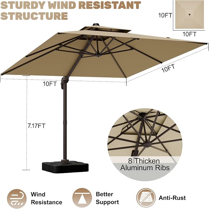 10x10Ft Patio Umbrella Outdoor Cantilever Rectangle Umbrella - Image 4