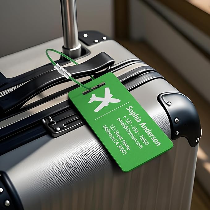 10 Personalized Metal Luggage Tags, Custom Suitcase Aluminum Name Tags with Steel Ring, Laser Engraved Name and Logo, for Travel, Backpack, Baggage, Golf Bag (Green)