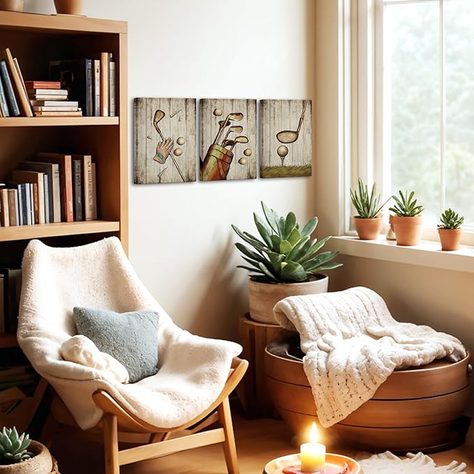 SkenoArt 3 Piece Sport Wall Art Vintage Golf Balls Painting Picture Prints Brown Poster Canvas Artwork Home Gym Office Man Bedroom Decoration Ready to Hang Gifts for Golf Lovers