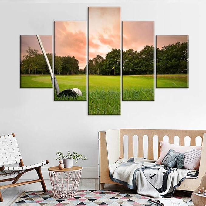 5 Pieces Canvas Wall Art Golf Course at Sunset Red Paintings for Living Room Green Lawn Pictures Modern Home Decor Rustic Artwork Gift Wooden Framed Ready to Hang Poster and Prints(60''W x 40''H)