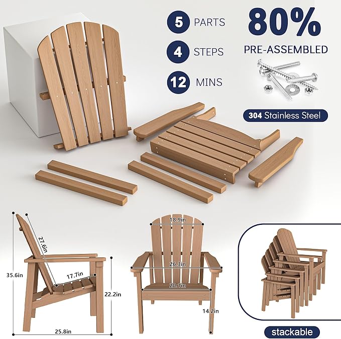 Compact Stackable Adirondack Chairs Set of 2, Teak | 26.3" Wide HDPE, - Image 7