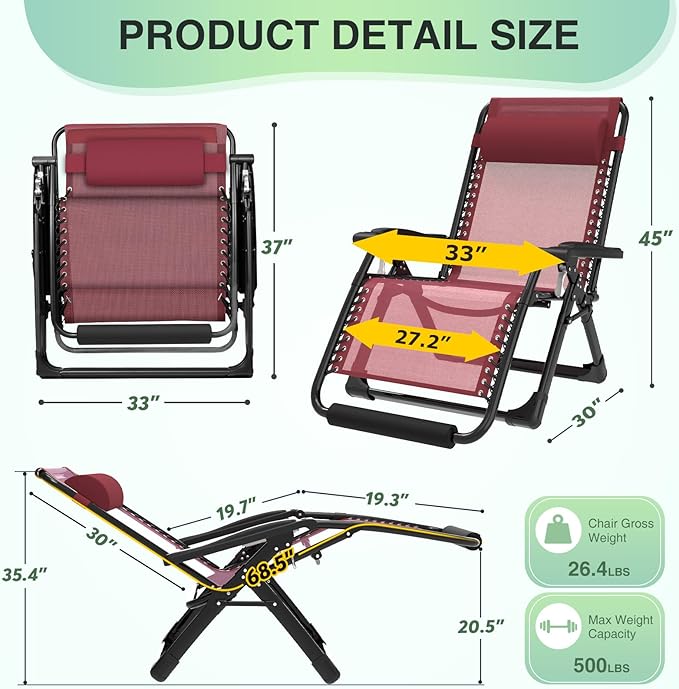 Suteck Oversized Zero Gravity Chair, 500LBS 33" XXL Reclining Lounge Chairs | - Image 2