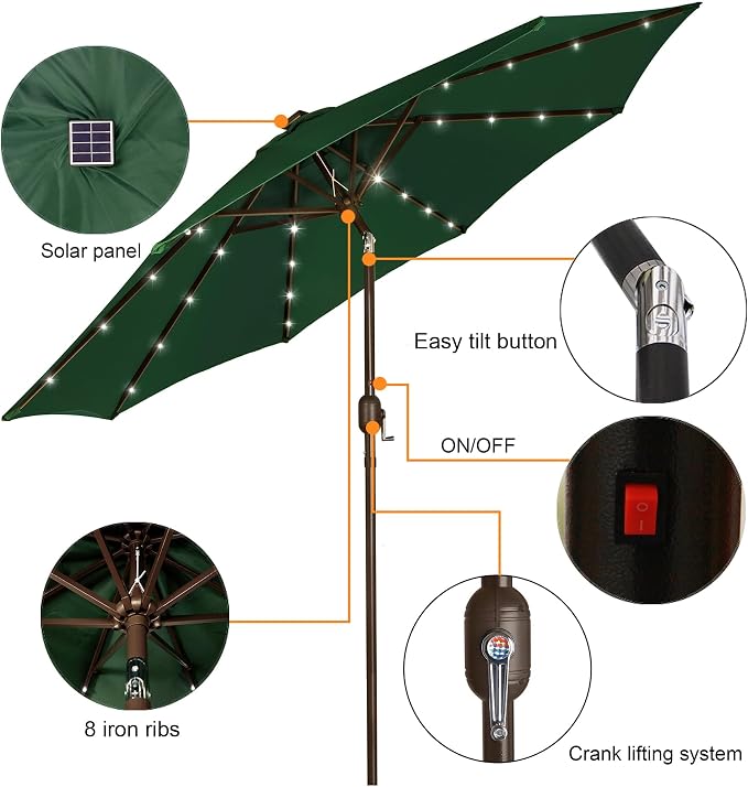 9 ft Solar Umbrella, 32 LED Lighted Patio Umbrella, Table Market Umbrella - Image 2